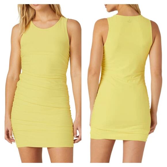 New BEYOND YOGA Featherweight Summer Gather Mini Dress Powder Yellow Sz L - Picture 1 of 12